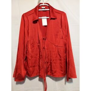 A New Day XL Red Satin‎ Tie-Front Blouse Long Sleeve Top Collared